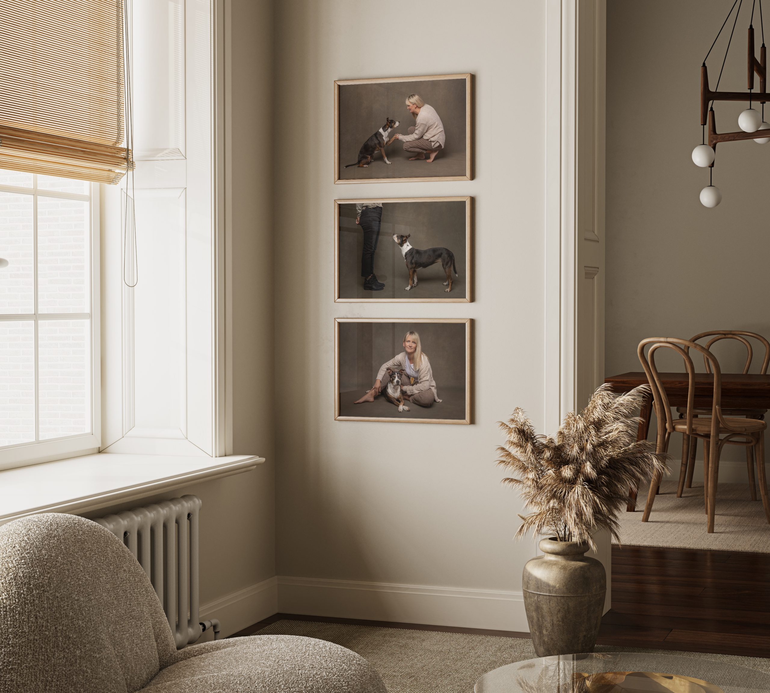 3 studio portraits of dog and owner framed on a wall