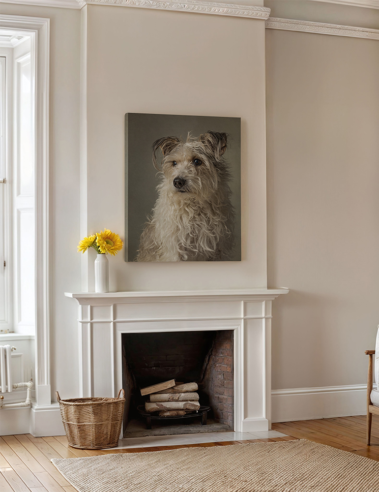 Studio portrait of a dog hanging over fireplace by niagara pet photographer