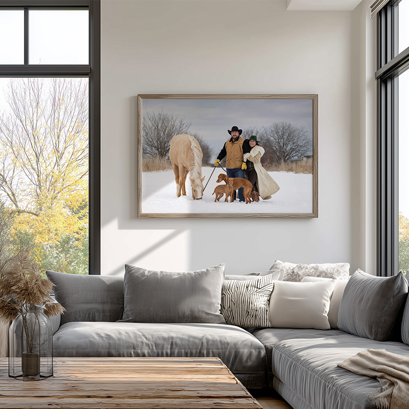 oakville couple with horse and dogs at snow session