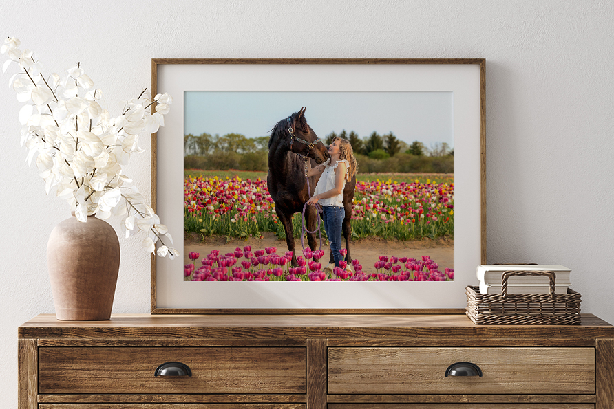 framed art horse in tulips framed print of girl and her horse in tulips