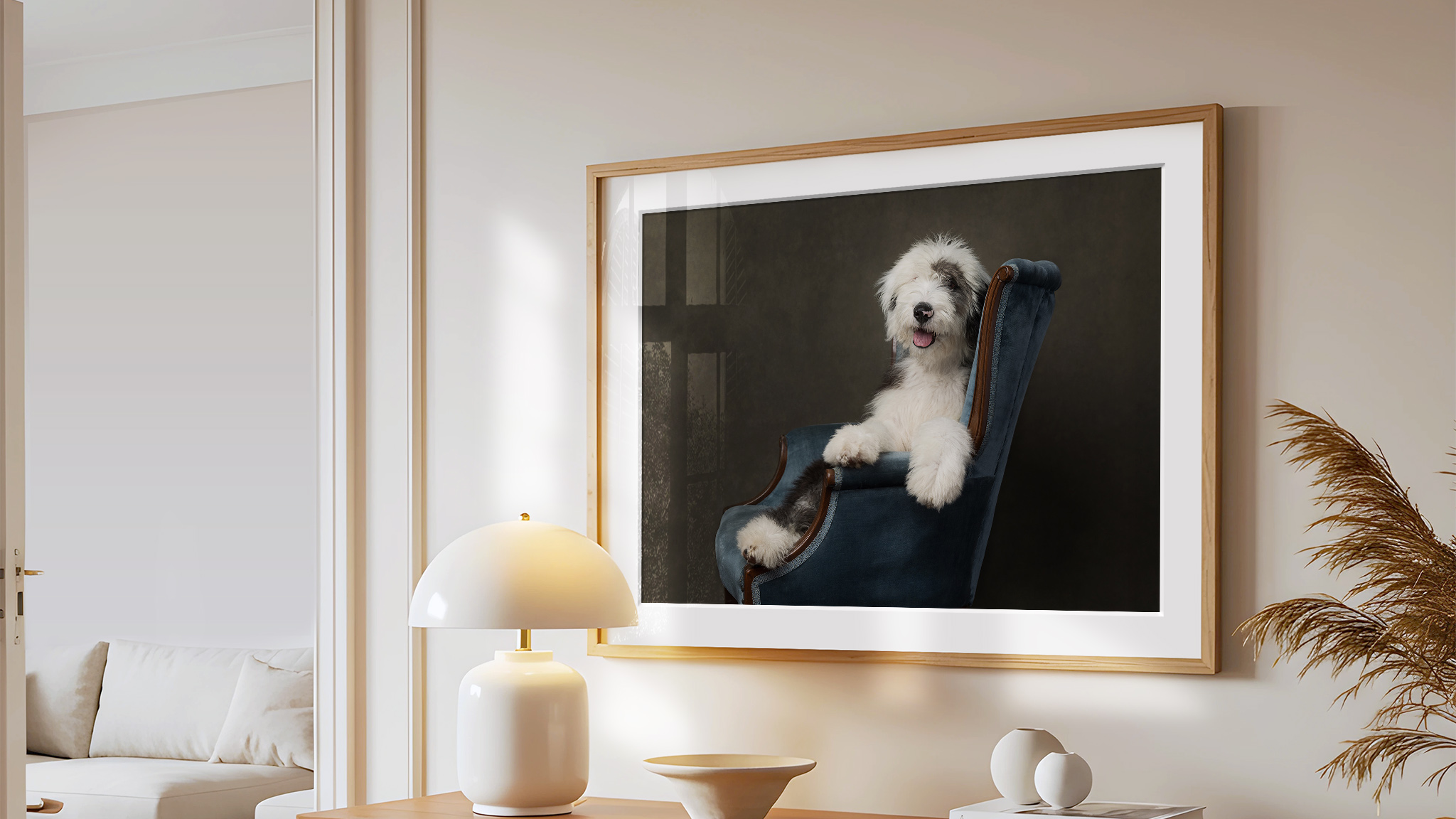 old english sheepdog puppy portrait framed on wall