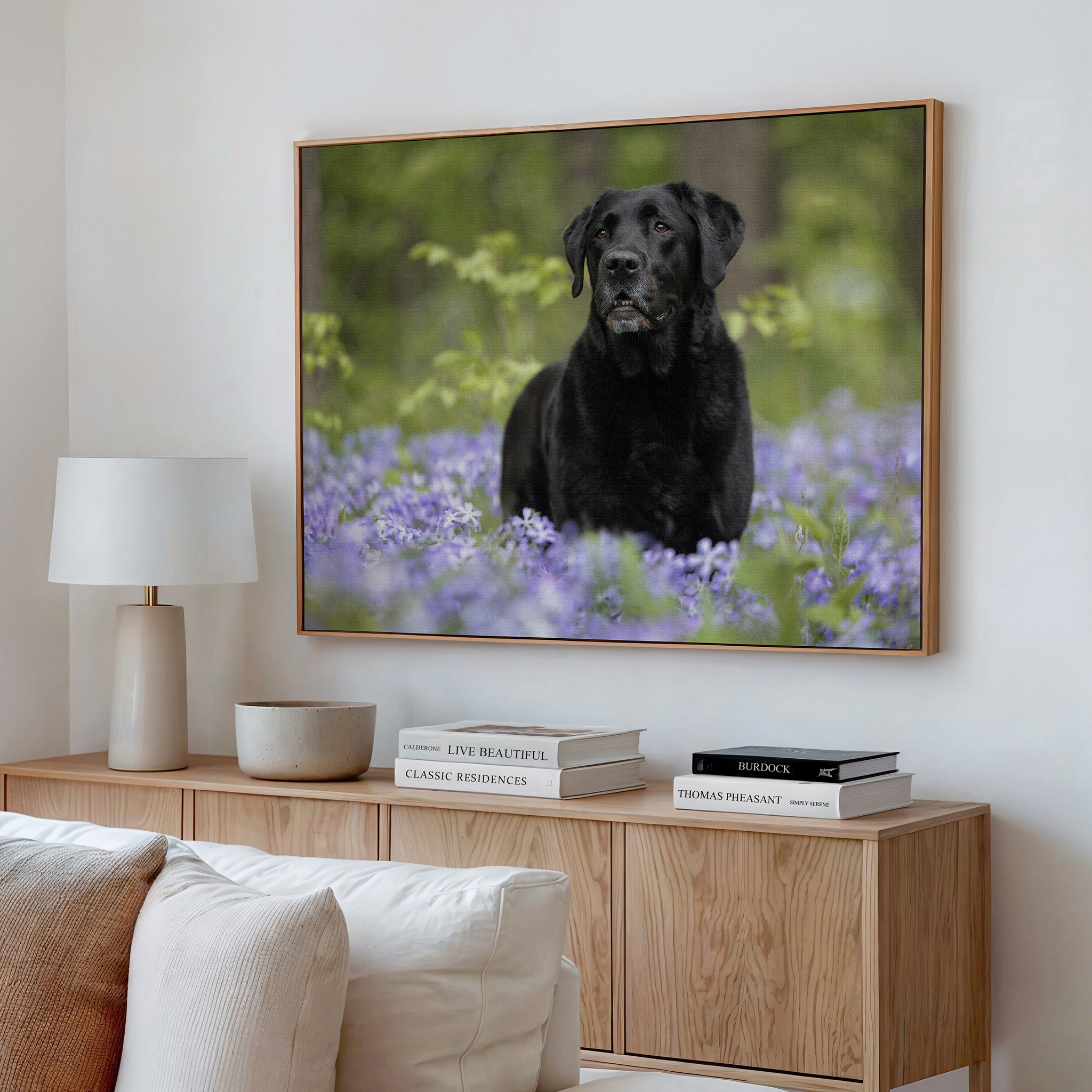 Black lab in purple flowers on bruce trail Vineland niagara hanging on wall