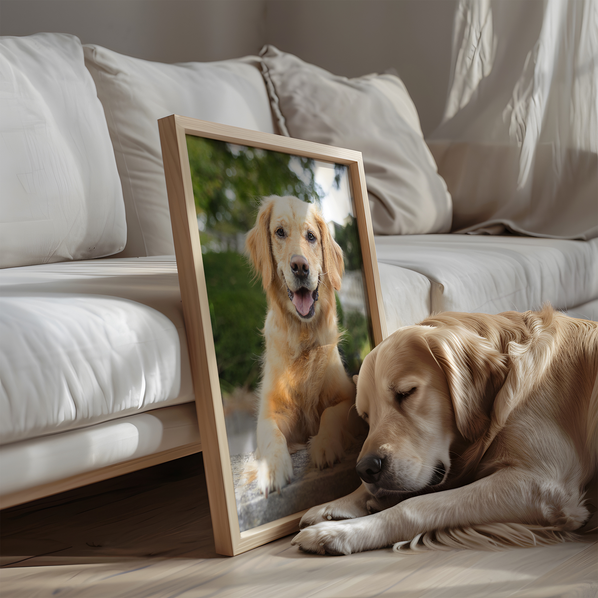 golden retriever sleeping by framed photo of himself at paleta park in burlington