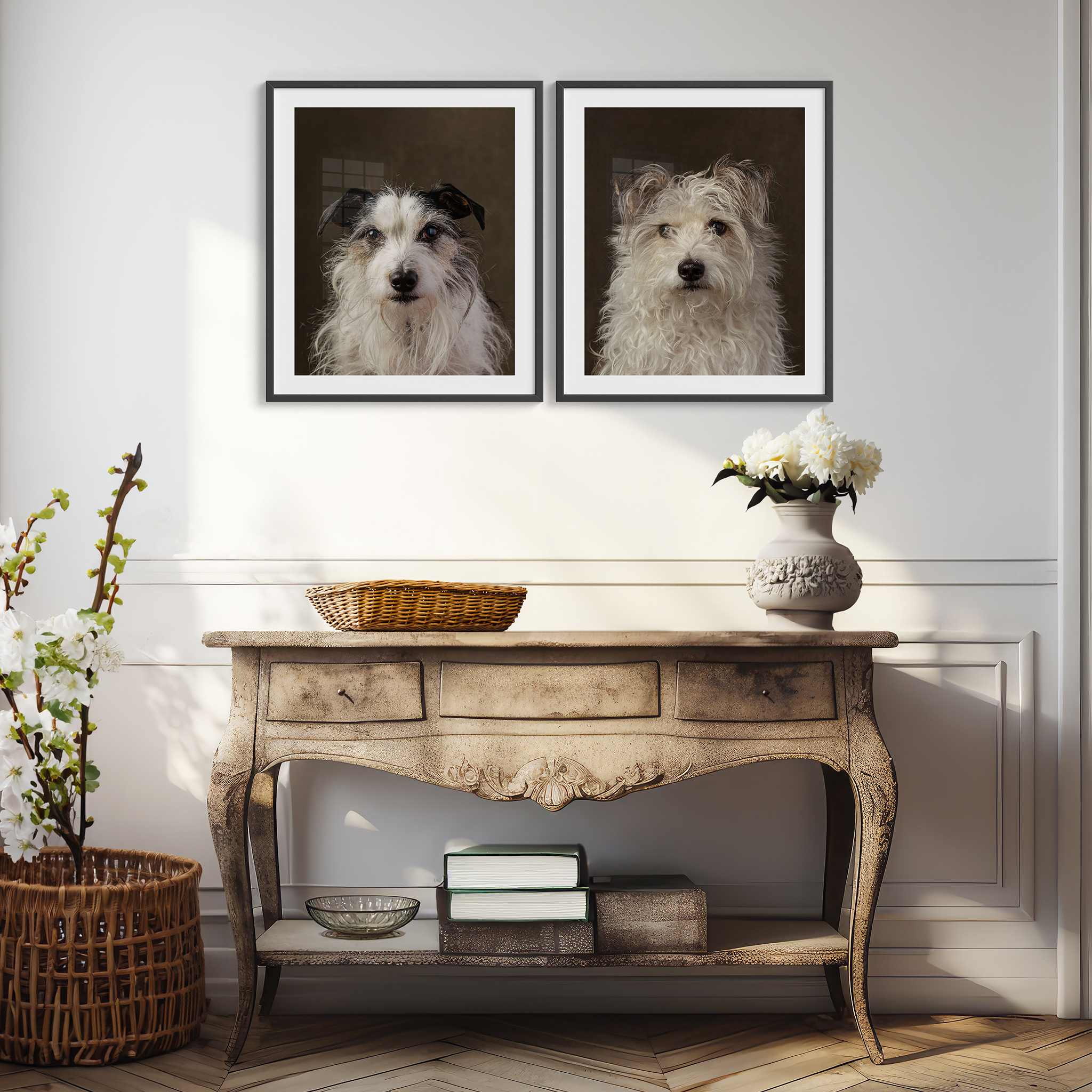 studio portraits of two dogs framed on wall in hallway