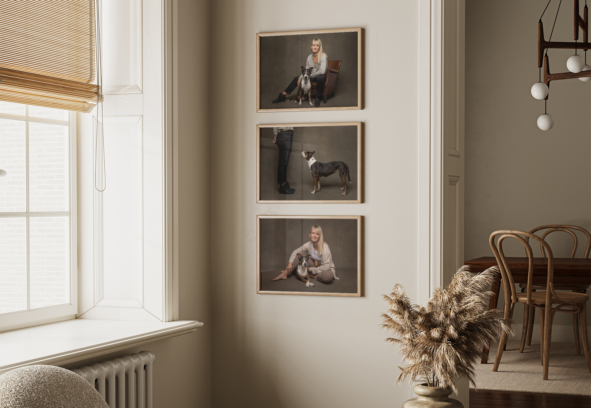 St. Catharines dog photographer gallery wall design, featuring a Welland dog and her owner