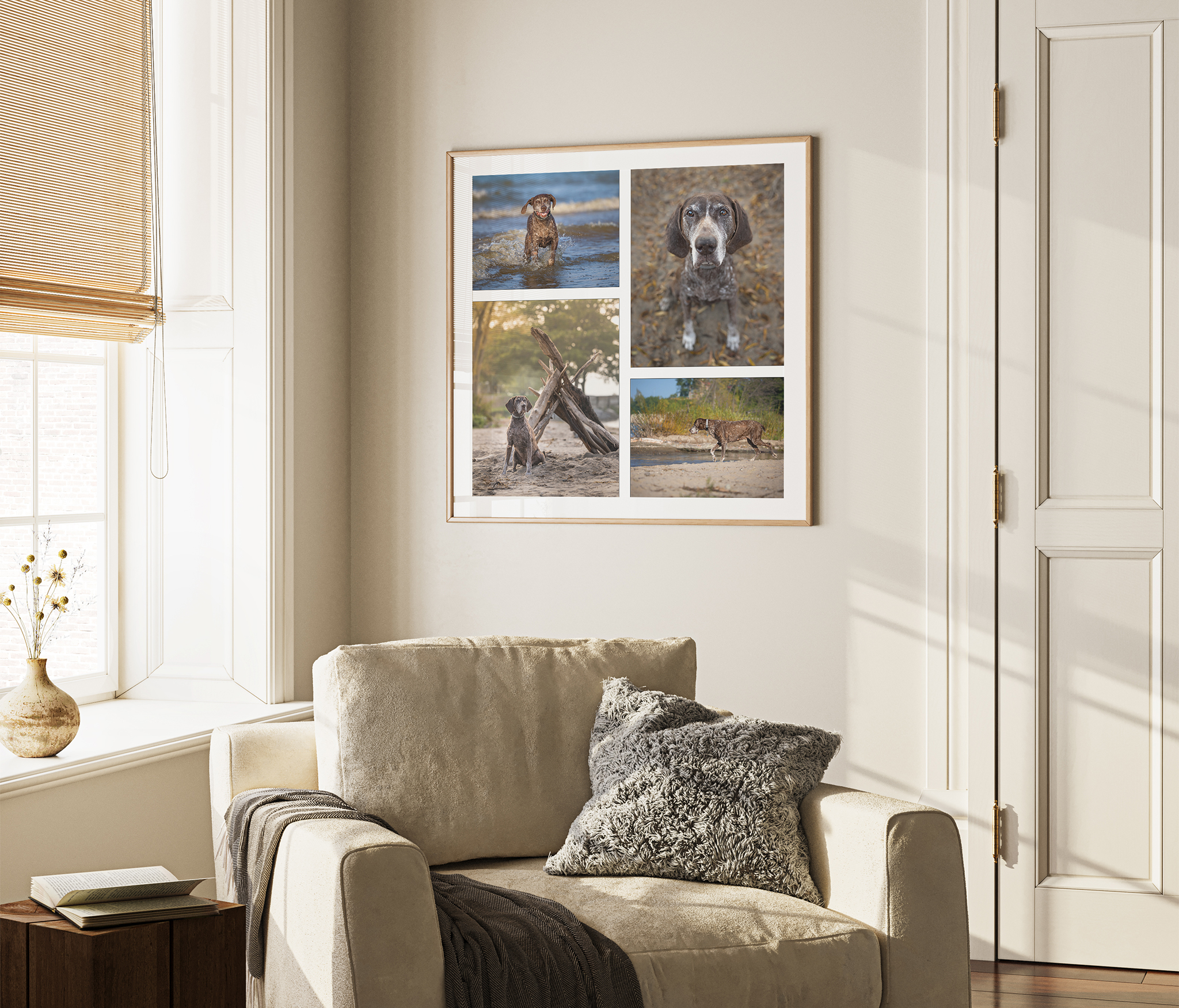 Pet photography pricing example, a four-panel wall art collage featuring a Fonthill dog