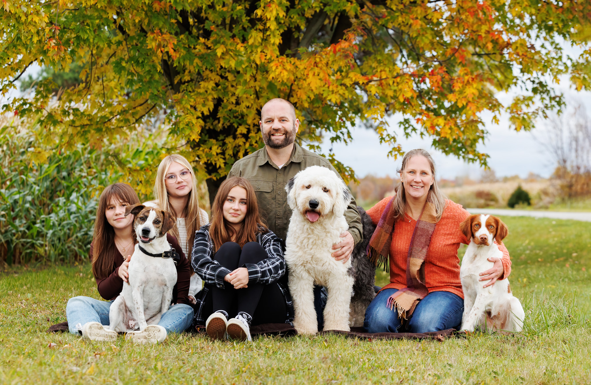 fall family photo with 3 dogs and different outfits matching the dogs colours in Dunnville ontario
