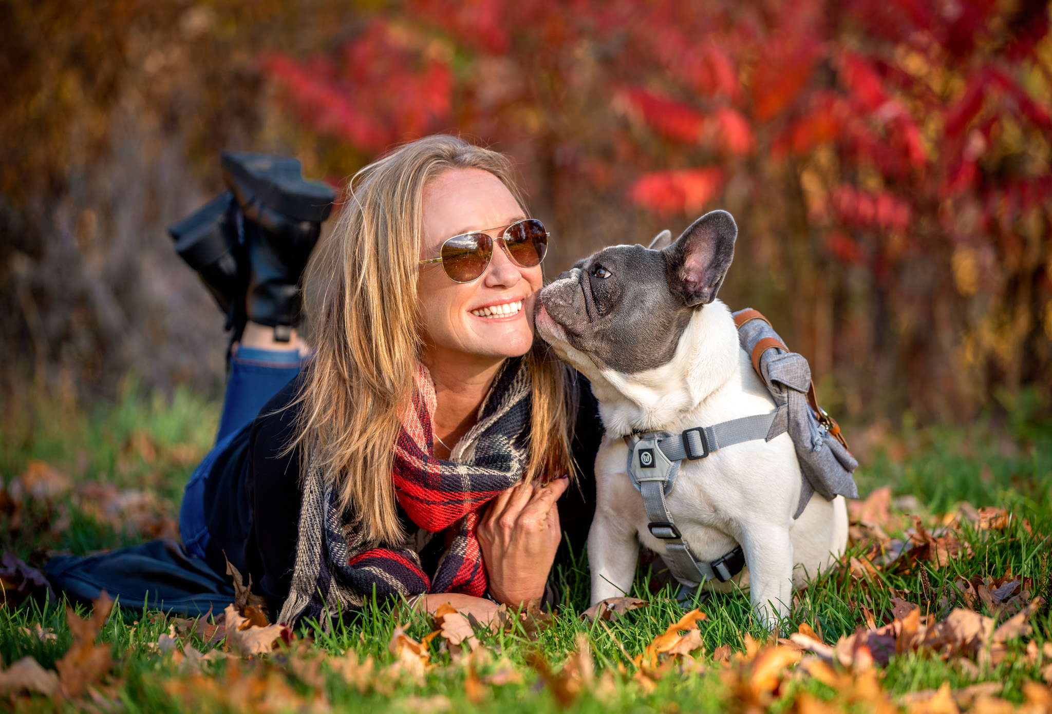 woman and her frenchie lying in grass in Jordan ontario canoodling